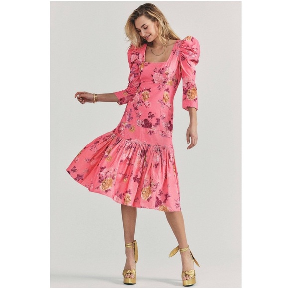 LoveShackFancy Dresses & Skirts - LoveShackFancy Ellington Midi Dress Floral Corduroy Square Neck Puff Sleeve